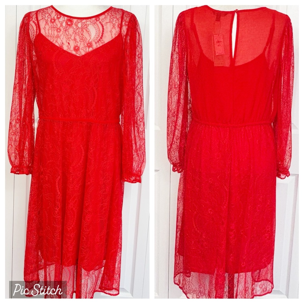 NWT Banana Republic Ultra Red Sheer Lace Long Sleeve Midi Dress LP